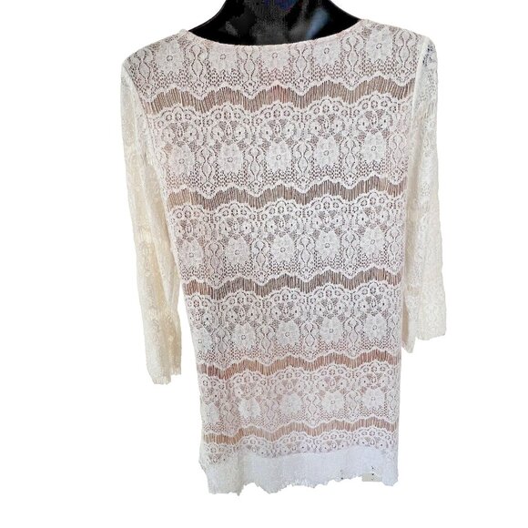 V. Christina - Nude with White Lace Overlay Round Neck Lace Sleeve Tunic M - Picture 4 of 9